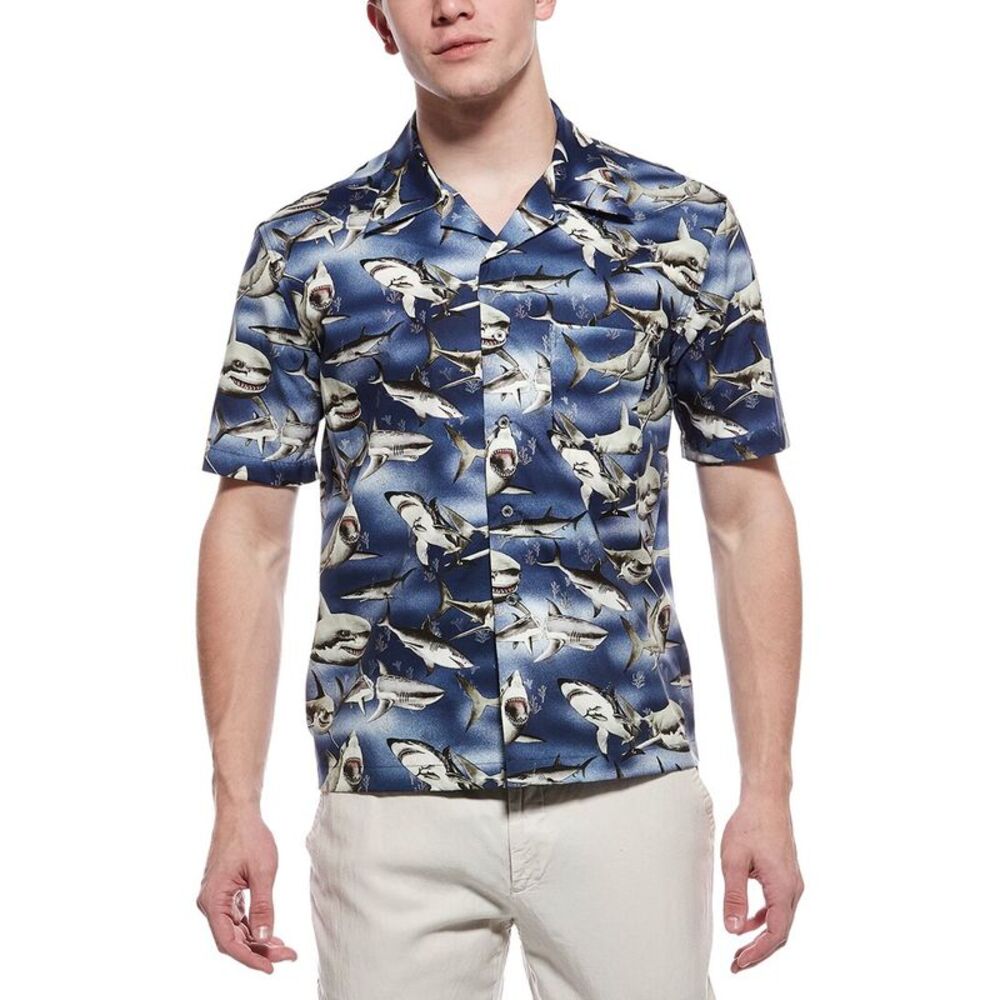 Palm Angels Mens Shark Print Shirt, Blue